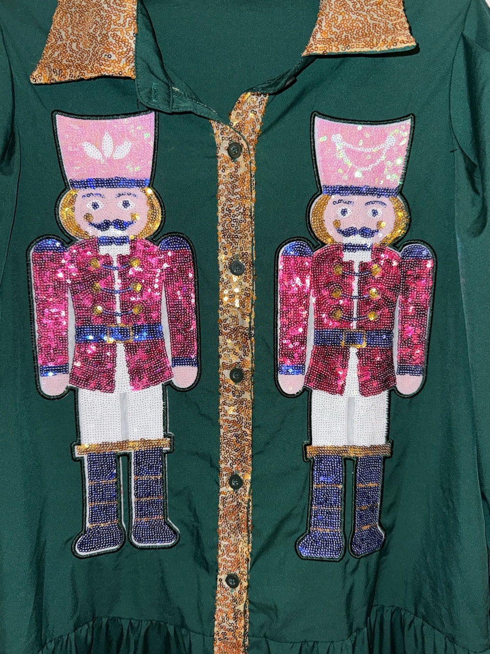 Green Nutcracker Sequin Tunic Dress with Gold Trim - Picture 2 of 7